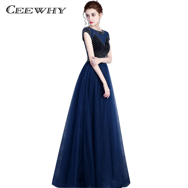 CEEWHY Navy Blue Long Evening Dress Beading Evening Dresses Prom Dresses Party Elegant Formal Evening Gown Vestido de Festa