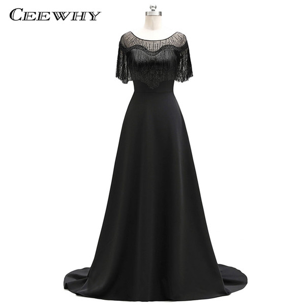 CEEWHY Court Train Tassel Black Evening Dress Beading Luxury Prom Dresses Formal Gown Evening Gown Robe De Soiree Abendkleider