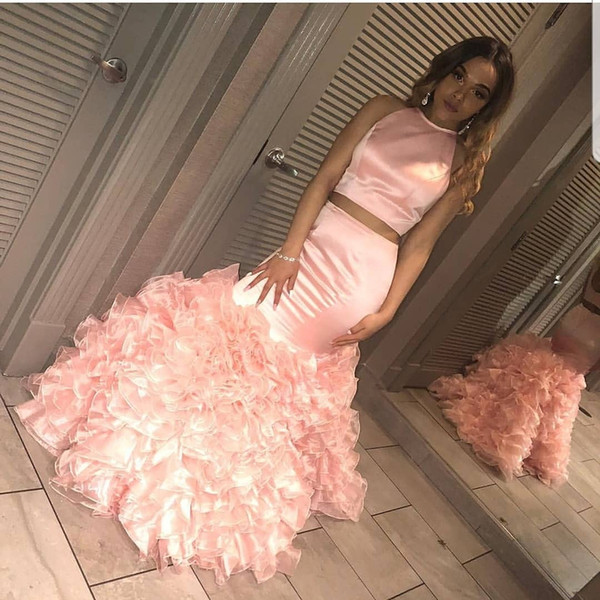 Pink Two Piece Prom Dresses Mermaid Jewel Neck Ruffles Backless Special Occasion Dresses Formal Evening Dresses Wear Vestidos DP0283