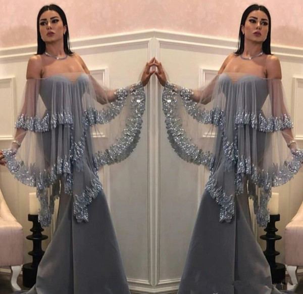 Evening Gowns Arabic Prom Dresses Off The Shoulder Mermaid Gowns Tulle Tiered Sparkly Sequined Women Formal Party Dresses 65