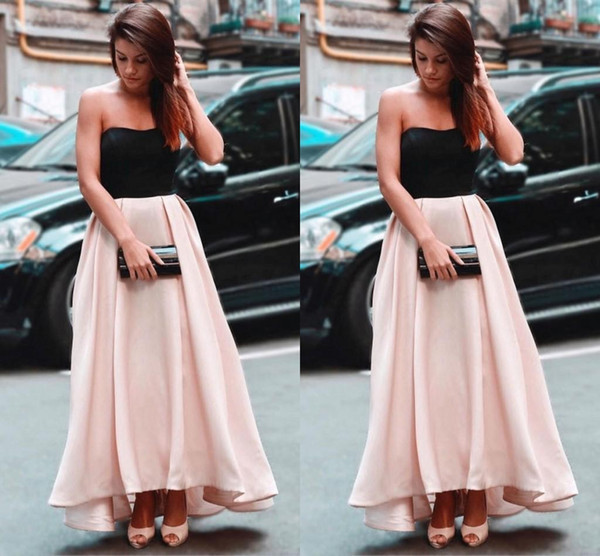 Pink Skirt A Line Evening Dresses Strapless Prom Dresses Black Top Satin Ankle Length Party Gown Custom semi formal Occasion Dresses