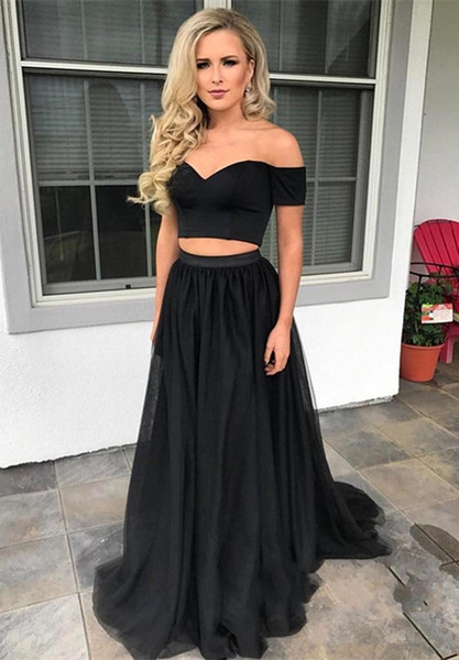 Black Two Pieces Tulle Long Evening Dresses V-Neck Floor-length Cap Sleeve Formal Evening Gowns Prom Party Dresses Robe De Soiree 05