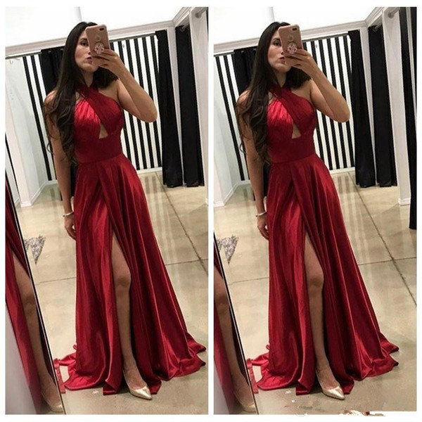 Halter Dark Red Evening Dresses A-Line Prom Dresses Cheap Evening Gowns Slit Vestidos De Fiesta Party Wear Celebrity Dresses 39