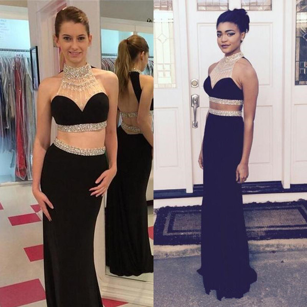 Two Pieces Prom Dresses Long Cheap Halter Hollow Back Chiffon Black Sparkly Crystal Sequin Formal Evening Dresses Celebrity Gowns Beads