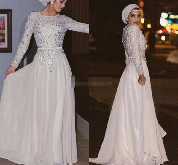 Sparkly Long Sleeves Muslim Evening Dresses Crystal Chiffon Floor Length Silver White Prom Dresses Arabic Abaya Party Dresses mm32