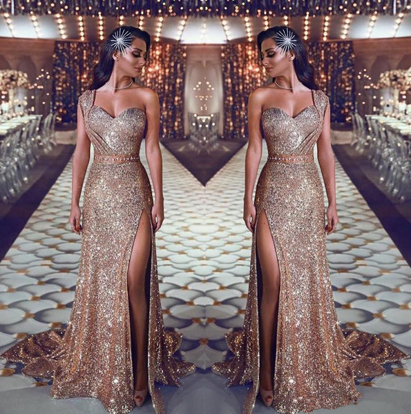 Luxurious Arabic Split Bling Bling Evening Dresses One Shoulder Beaded Crystals Sequins Prom Dresses Sparkly Formal Party Gowns M56