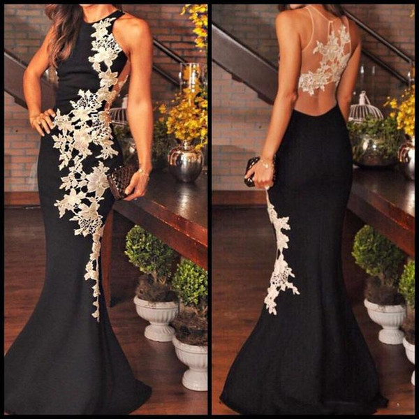 Elegant Black Lace Applique Party Dress 2017 Arabic Dubai Mermaid Evening Dresses Sheer Back Prom Dress White Lace Evening Gowns custom made