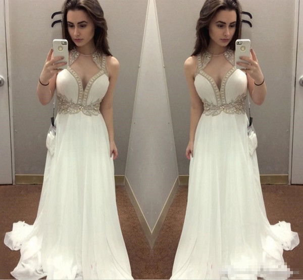 New Arrival Evening Dresses Sleeveless Chiffon Sexy Special Prom Dresses Long Section Jewel A-Line Applique Neck Formal Party Dresses 49