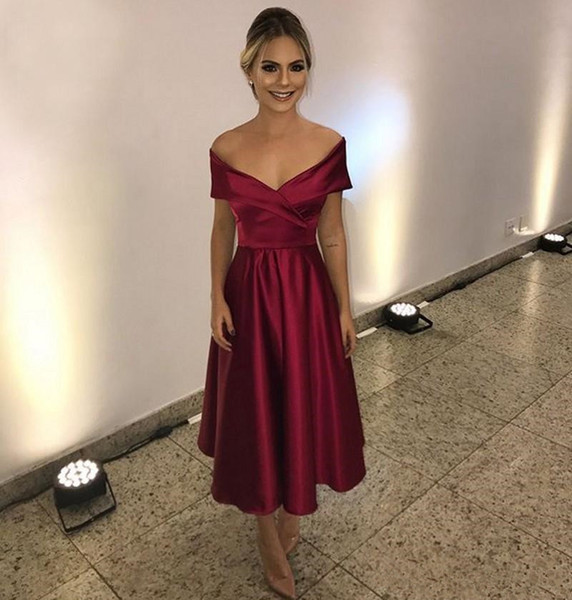 Elegant Evening Dresses Burgundy Satin Short Prom Dresses Sexy Off The Shoulder Ruffles Long Formal Dresses Evening Wear 11