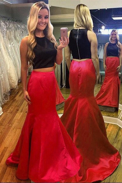 Formal Two Pieces Black Top and Red Mermaid Skirt Evening Dresses Bridal Gown Special Occasion Prom Bridesmaid Party Dress M29