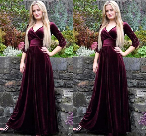 Burgundy Elegant V-Neck A-Line Velour Evening Dresses Simple Prom Dresses Robe De Soiree Charming Pleat Prom Party Dress M19