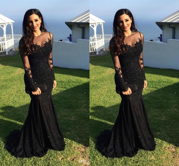 Elegant Black Lace Party Dress 2017 Mermaid Evening Dresses Sheer Neck Prom Dress Long Sleeve Illusion Formal Evening Gowns Occasion Dresses