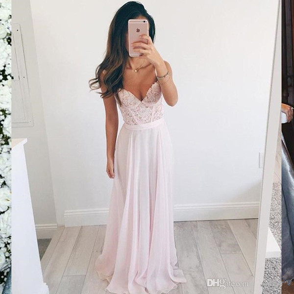 Light Pink Lace Top Prom Dresses Sexy Sweetheart Chiffon Long Evening Dresses 2017 vestido de festa longo Graduation Party Dresses Customize