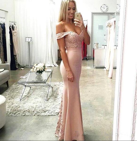 Simple Blush Pink Long Bridesmaid Dresses Lace Top Off The Shoulder Prom Party Gowns Lace Mermaid Evening Dresses Bridal Guest Dresses