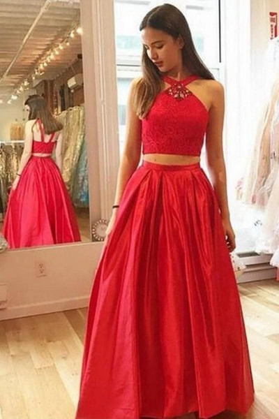 New Red Halter A-Line Two-Pieces Prom Dresses Glamorous Crystal Lace Sleeveless Floor Length Evening Dresses Cheap Party Wear M60