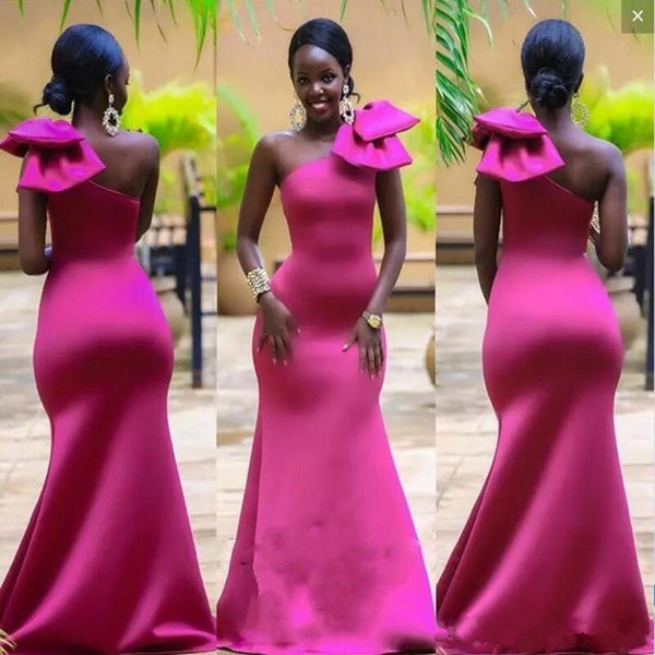 Hot Pink Evening Dresses One Shoulder Prom Gowns With Big Bow Mermaid Custom Made Formal Occasion Party Dresses New Coming M73