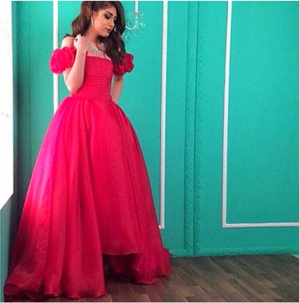 Hot Vestidos De Celebrity Prom Dress Off the Shoulder Fuchsia Organza Puffy Sleeve A line Evening Dress Party Gown Floor Length M6