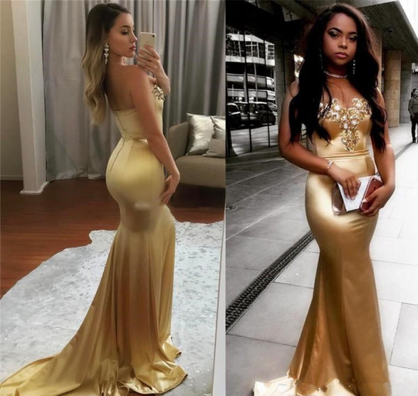 Arabic Dubai Sexy Gold Evening Dresses Mermaid Sweetheart Celebrity Formal Holiday Wear Prom Party Gown Custom Made Plus Size M53