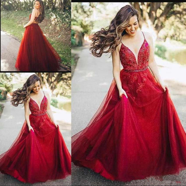 Sexy Deep V Neck Evening Dresses Lace Appliques Beaded Sexy Back With Zipper Tulle Satin Long Evening Prom Gowns Sweep Train M88