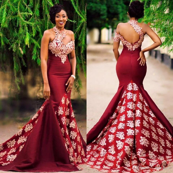 Unique Mermaid Burgundy Evening Dresses Lace Appliqued High Neck African Prom Dresses Court Train Women Formal Party Gowns 52