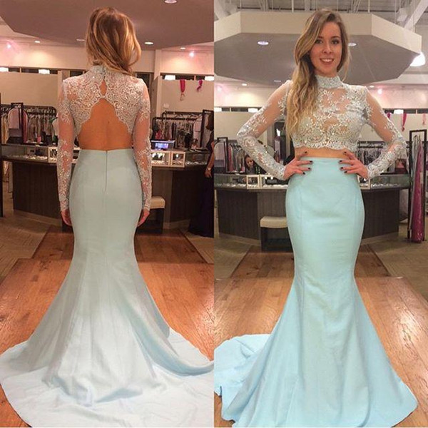 Fall Backless Evening Dresses Two Pieces High Neck Mermaid Satin Prom Party Dress Custom made Long Sleeve Special Dress High Quality 75