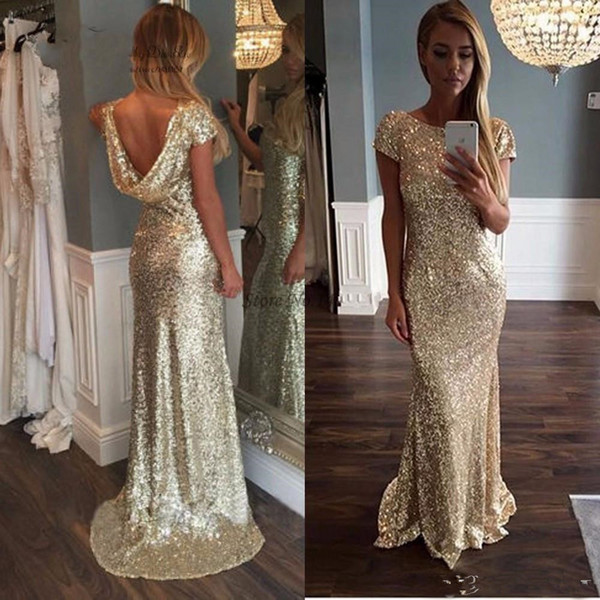 Cheap Evening Dresses Long Gold Sequin Backless African Mermaid Prom Dresses Formal Sequined Dresses Short Sleeves Custom Made 62