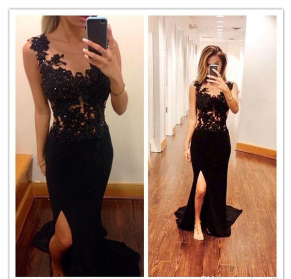 Evening Dresses New Fashion Sexy Black Lace Prom Dresses Sheer Neck Sequins Beads Applique Side Slit Mermaid Formal Dresses 29