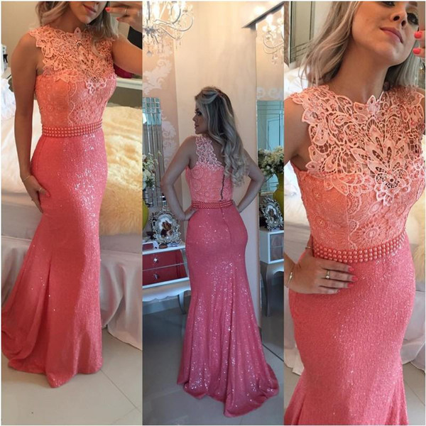 Arabic Sleeveless Lace Evening Dresses Mermaid Long Zipper Back Coral Evening Gowns Prom Party Dresses mm33