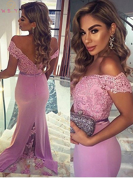 Pink Sweetheart Neck Evening Dresses Off Shoulder Mermaid Appliques Satin Long Sweep Train Elegant Formal Party Prom Gowns