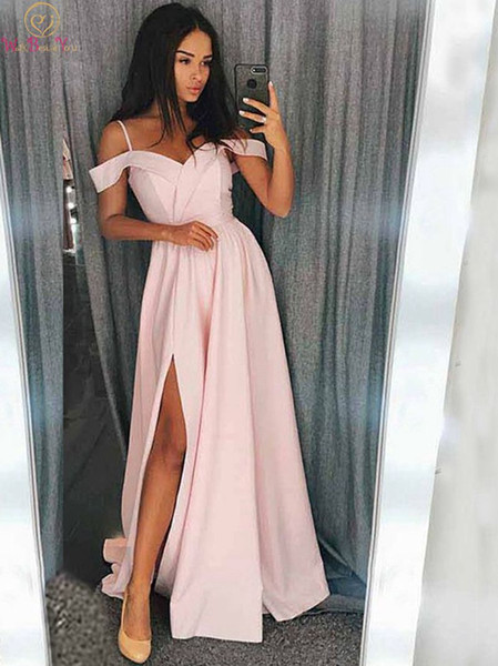 Pink Prom Dresses Elegant for Girls Long Satin abendkleider A Line Sleeveless Spaghetti Off Shoulder Strap Evening Gowns