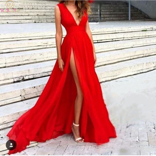 Red Evening Dresses Sleeveless A Line Satin Robe De Soiree Elegant Floor Length Sexy Deep V Neck Split Formal Long Prom Gowns