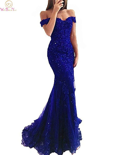 Royal Blue Evening Dresses Boat Neck Off The Shoulder Sequined Mermaid Sweep Train Prom Elegant Formal Party Gown For Girls