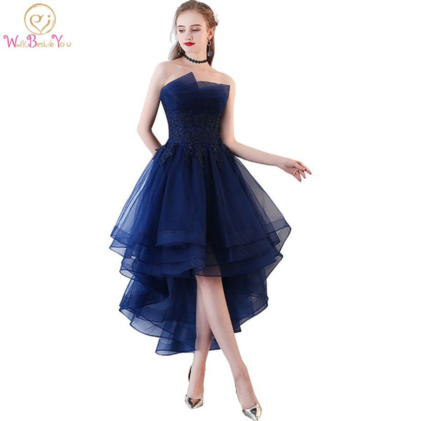 Walk Beside You Navy Blue Evening Dresses Short Front Long Back Party Gowns Lace Applique Strapless vestidos de festa Formal Prom Dresses