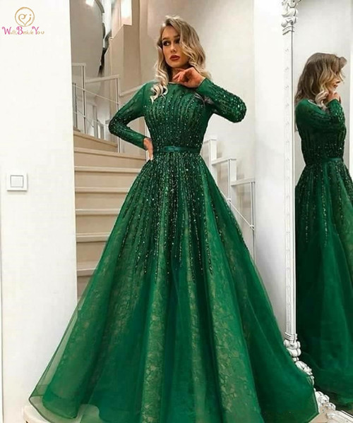 Arabic Dark Green Evening Dresses Muslim Boat Neck Long Sleeve Lace A Line Sequined Tulle Long Prom Party Dresses Plus Size