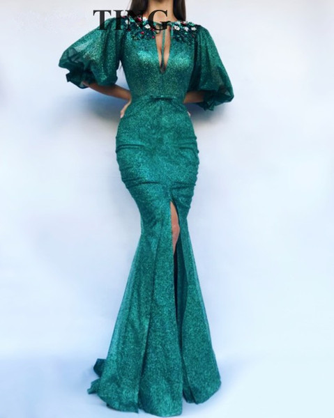 Glitter Sequin Emerald Green Mermaid Evening Dress with Puff Sleeves Front Split Keyhole Long Formal Prom Dresses New Style