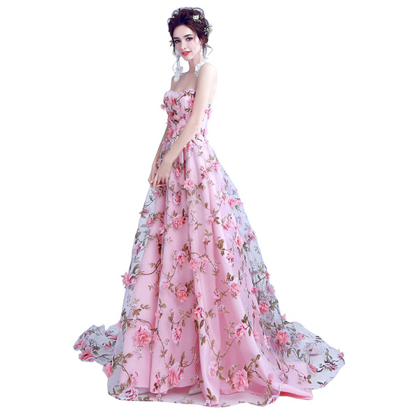 Walk Beside You Pink Flowers Prom Dresses 2017 Long Strapless Sweetheart vestido de formatura longo Evening Gown Party Halloween