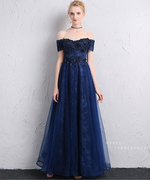 Navy Blue Evening Dresses Short Sleeves Lace Appliques Beaded Off Shoulder Sweetheart A-line Long Floor Length Prom Gowns Stock Special