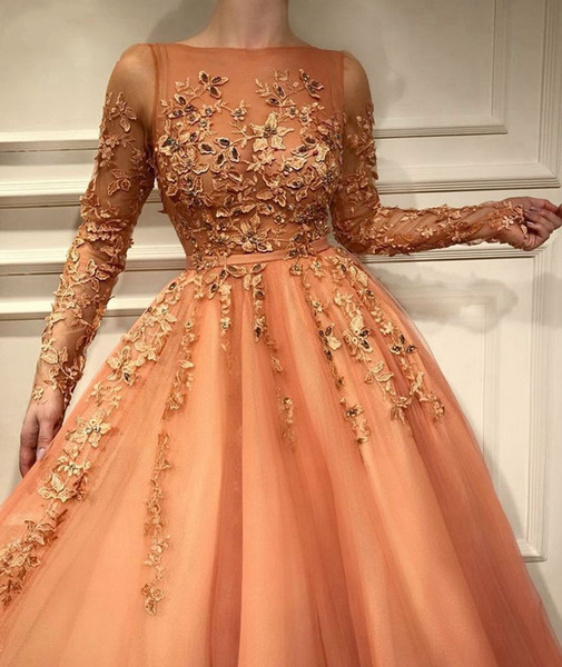 Fashion Pretty Lace Orange Evening Dresses With Full Sleeves Abiye Muslim Long A-line Prom Gowns Colorful Appliques Abendkleider