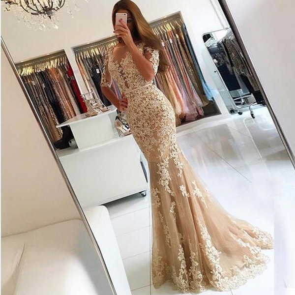 Backless Long Evening Dress Lace Mermaid Half Sleeves Champagne Women Formal Party Evening Gowns Prom Dress Robe De Soiree