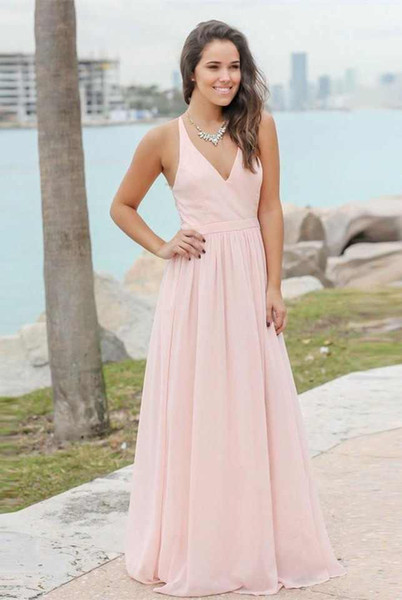 New Pink Evening Dresses Deep V-Neck Chiffon Lace Floor-Length Modern Long Skirt Cheap Prom Formal Gowns Pageant Dresses