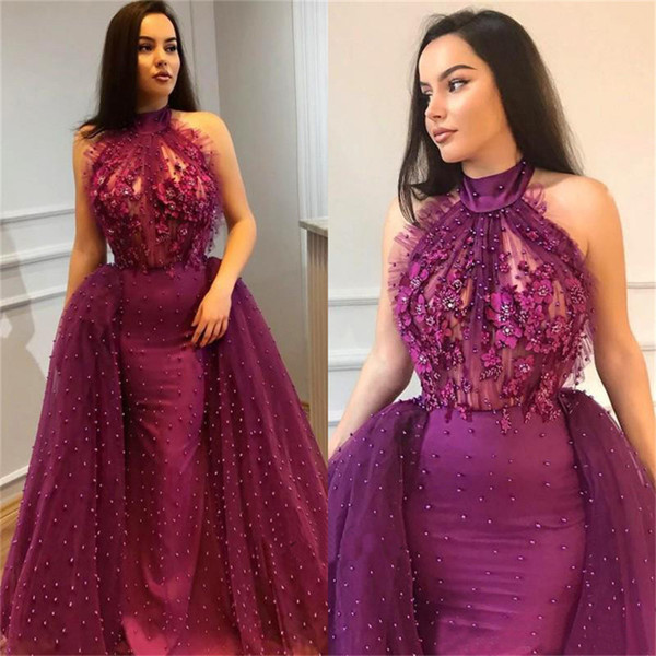 Saudi Arabic High Neck Fuchsia Evening Dress 3 D Flower Pearls Detachable Train Prom Dresses Off Shoulder Long Party Gowns