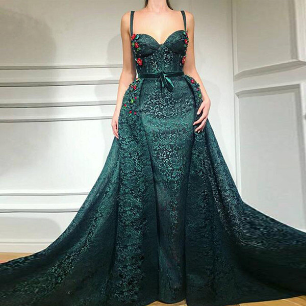 Straps Sweetheart Neck Dark Green Arabic Lace Evening Dresses Colorful Crystal Flower Removable Train Prom Party Dress Long