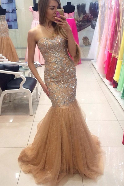 Walk Beside You Champagne Evening Dresses Strapless Sweetheart Zipper Back Beaded Mermaid Sexy Lace Prom Gowns 2017