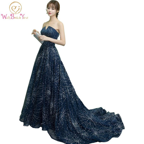 100% Real Image vestido de festa longo de luxo 2017 Navy Blue Sequined Evening Dresses V-neck Formal Dresses In Stock