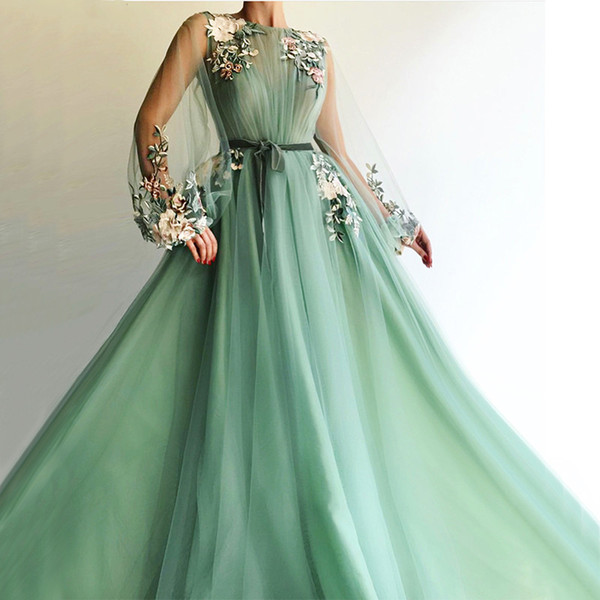 Sheer Long Sleeve See through Evening Dresses Green Embroidery A-line Formal Dress Party Gown Tulle Handmade Flower Robe De Soiree