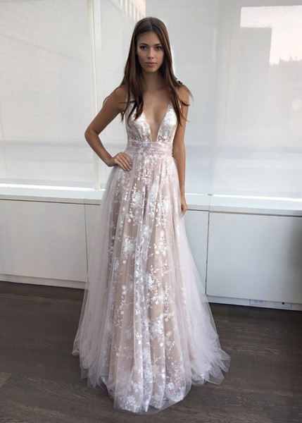 Sexy Evening Dresses Plunging Neck Lace Prom Dress with V Back Formal Dress A-line White Lace Champagne Custom