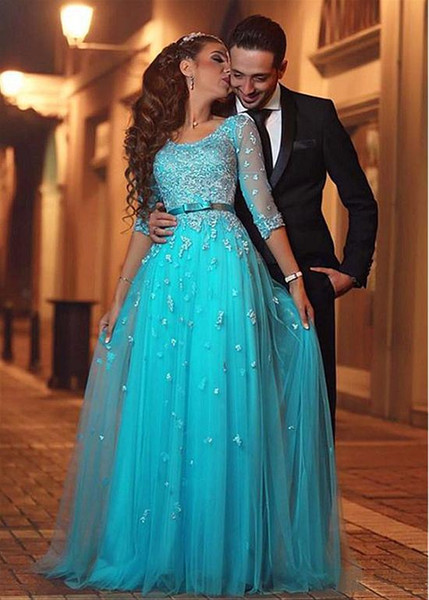 100% Real Image Luxury Blue Evening Dresses Long 2017 A-line Cap Sleeves 3/4 Long Sleeves Beaded Lace Prom Gowns