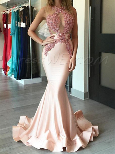 Sexy Mermaid Lace Applique Beaded Evening Dress With Sweep Train Pink See Through Prom Gowns Special Occasion Women Gown Formal