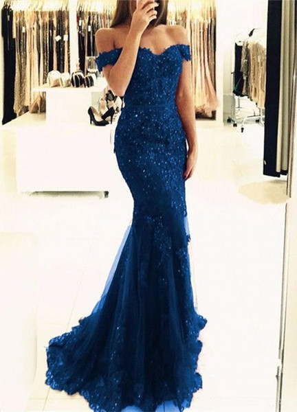 Off The Shoulder Mermaid Long Evening Dresses Tulle Lace Appliques Beaded Custom Made Formal Evening Gowns Prom Elegant Party Dresses