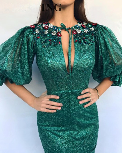 Glitter Sequin Emerald Green Mermaid Evening Dress with Puff Sleeves Front Split Keyhole Long Formal Prom Dresses Crystal